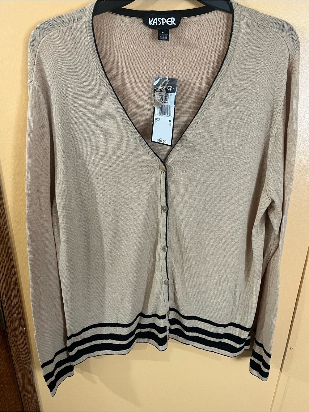 Kasper Beige V-Neck Button Cardigan with Black Trim Detail NWT Size XL